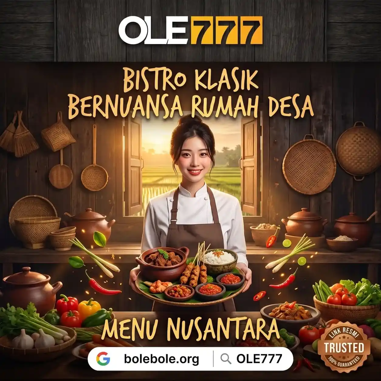 OLE777 bistro klasik bernuansa rumah desa, koki wanita menyajikan aneka menu Nusantara seperti rendang, sate, dan sambal